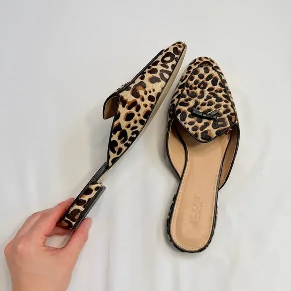 J.Crew Leopard Calf Hair Piped Loafer Mules Women’s Size 9 Leather Slip On Flats - Picture 6 of 7